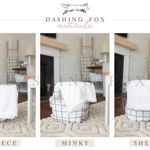 May include: Three wire baskets with different types of white blankets inside. The baskets are labeled "Fleece", "Minky", and "Sherpa".