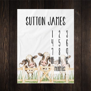 Cows Milestone Blanket Month Growth Tracker Minky Fleece Blanket Custom Personalized Baby Shower Gift Watercolor Newborn