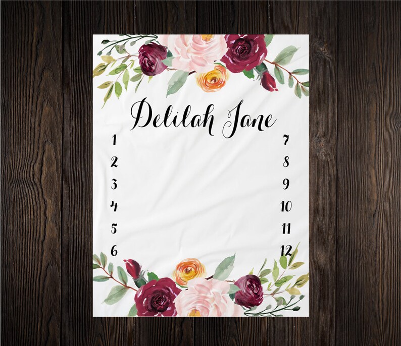 Girl Milestone Blanket Month Growth Tracker Minky Fleece Blanket Custom Personalized Watercolor Floral Newborn