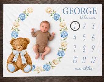 Bear Baby Milestone Blanket, Monthly Growth Tracker, Personalized Baby Blanket, Custom Blanket, Baby Shower Gift, New Baby Gift, BM41