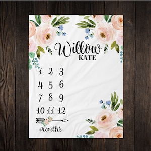 Girl Milestone Blanket Personalized Monthly Growth Tracker Custom Baby Shower Newborn Gift For New Mom Watercolor Floral Blanket