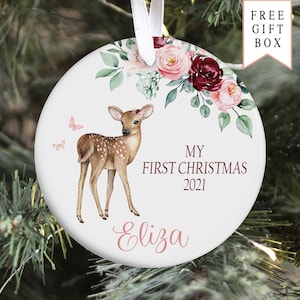 Woodland Baby First Christmas Ornament, Personalized Baby Christmas Ornament, Deer Girl Ornament, Holiday Baby Ornament