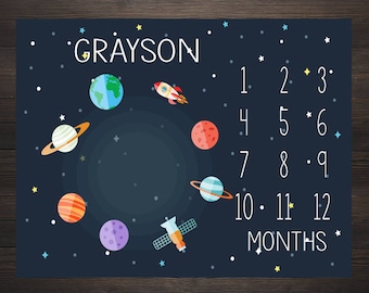 Baby Milestone Blanket Month Blanket Baby Growth Tracker Blanket Baby Shower Outerspace Baby Newborn Gift Boy Space Nursery BM03