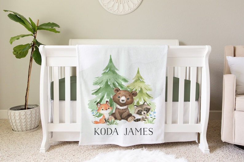 Woodland Blanket, Personalized Baby Blanket Gift, Toddler Blanket, Forest Decor, Toddler Birthday Gift, Woodland Theme image 1