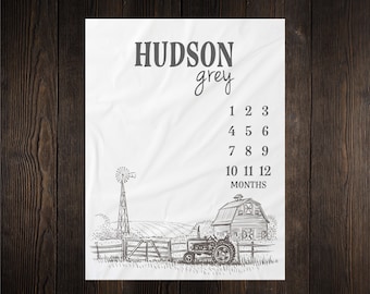Tractor Milestone Blanket Month Blanket Baby Growth Tracker Blanket Baby Shower Gift Newborn Boy Blanket Watch Me Grow Farmer Country BM26