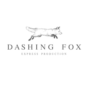 May include: Black and white illustration of a fox running, with the text "Dashing Fox Express Production" below.