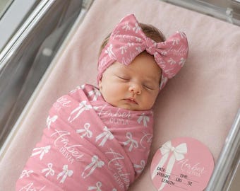Bow Personalized Swaddle Blanket, Optional Bundle, Newborn Coming Home Outfit Photo Props, Baby Announcement Sign, Baby Shower Gift JS28