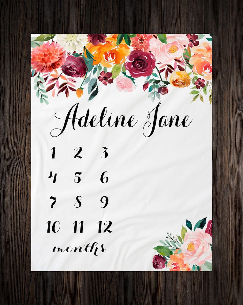 Girl Milestone Blanket Month Growth Tracker Minky Fleece Blanket Custom Personalized Watercolor Floral Newborn