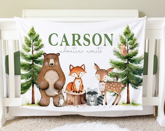 Woodland Blanket, Personalized Baby Blanket Gift, Toddler Blanket, Forest Decor, Toddler Birthday Gift, Woodland Theme Adventure Awaits BB56