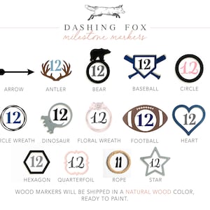 May include: A set of 12 wooden milestone markers in various shapes and designs, including an arrow, antlers, a bear, a baseball, a circle, a circle wreath, a dinosaur, a floral wreath, a football, a heart, a hexagon, a quarterfoil, a rope, and a star. The markers are unpainted and ready to be customized.
