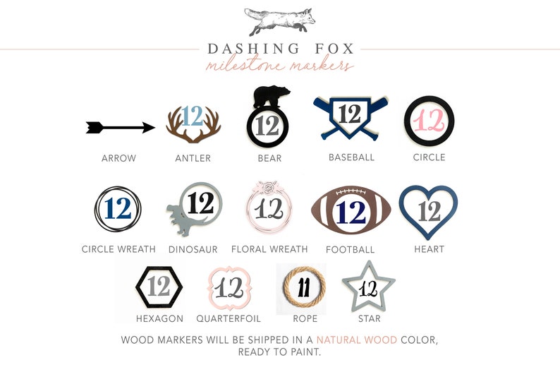 May include: A set of 12 wooden milestone markers in various shapes and designs, including an arrow, antlers, a bear, a baseball, a circle, a circle wreath, a dinosaur, a floral wreath, a football, a heart, a hexagon, a quarterfoil, a rope, and a star. The markers are unpainted and ready to be customized.