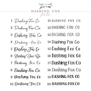 May include: A list of 20 different font styles for the phrase "Dashing Fox Co."  The fonts are numbered 1 through 20.  The fonts are all in black and white.