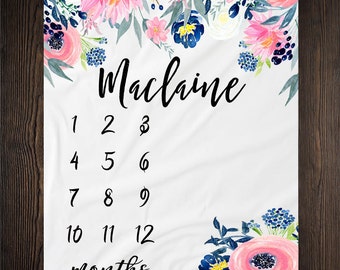 Baby Girl Milestone Blanket Month Growth Tracker Minky Fleece Blanket Custom Personalized Baby Shower Gift Watercolor Floral Newborn