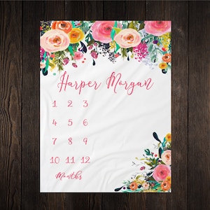 Girl Milestone Blanket Month Growth Tracker Minky Fleece Blanket Custom Personalized Baby Shower Gift Watercolor Floral Newborn