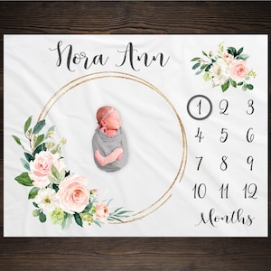 Pink Floral Milestone Blanket, Baby Month Blanket, Baby Girl Milestone Blanket Track Growth Keepsake Baby Shower Gift