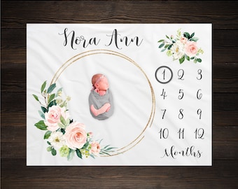 Pink Floral Milestone Blanket, Baby Month Blanket, Baby Girl Milestone Blanket Track Growth Keepsake Baby Shower Gift