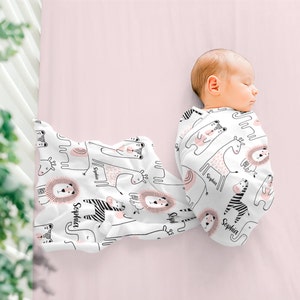 Safari Baby Blanket, Swaddle Set Girl, Modern Baby Blanket, Name Swaddle Blanket, Safari Nursery Decor, Personalized Swaddle