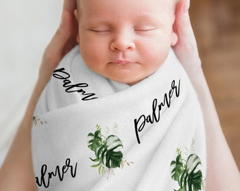 Tropical Baby Swaddle Blanket, Personalized Name Blanket, Birth Announcement Blanket, Name Hospital Blanket, Newborn Photo, Baby Shower Gift