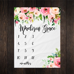 Girl Milestone Blanket Month Growth Tracker Minky Fleece Blanket Custom Personalized Baby Shower Gift Watercolor Floral Newborn