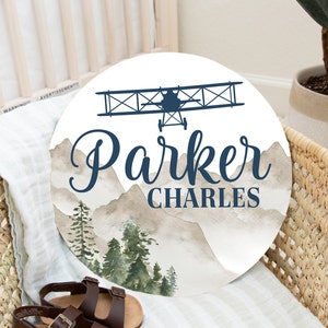 Airplane Round Wood Baby Name Sign Wooden Personalized Baby Name Newborn Announcement Custom Aviation Nursery Sign Decor