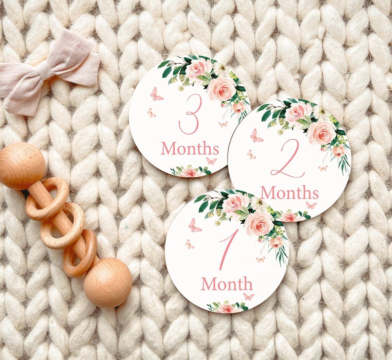 Butterfly Floral Monthly Milestone Cards for Baby, Wood Baby Milestone ...