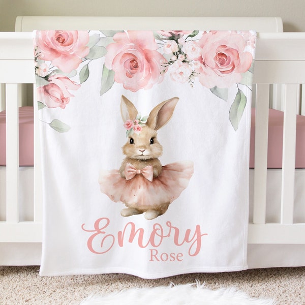 Personalized Easter Gift, Rose Bunny Blanket, Baby Shower Gift, Girl Easter Basket Gift, Ballet Blanket Gift, Newborn Photos Prop, BB22