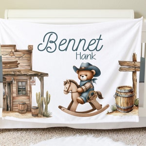 Western Blanket, Cowboy Bear Personalized Baby Blanket, Toddler Blanket, Desert Decor, Toddler Birthday Gift, Western Theme Nursery  BB55