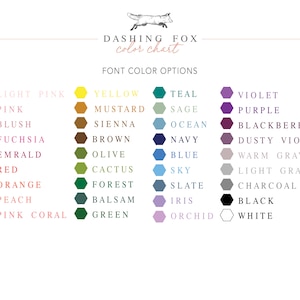 May include: Color chart with a fox illustration and the text "Dashing Fox color chart" and "Font Color Options". The chart shows 24 color swatches with their names in black text.
