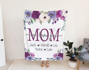 May include: Purple and white floral blanket with the text "MOM we love you" and the names Jack, Harold, Levi, Katie, and Liam.