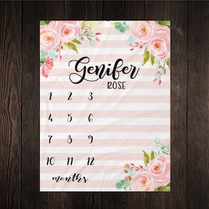 Girl Milestone Blanket Month Growth Tracker Minky Fleece Blanket Custom Personalized Baby Shower Gift Watercolor Floral Newborn