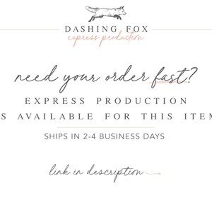 Puede incluir: Gr&aacute;fico de texto que dice "DASHING FOX express production" con una ilustraci&oacute;n de zorro estilizada sobre el texto. Debajo del texto hay un mensaje escrito a mano que dice "need your order fast? EXPRESS PRODUCTION IS AVAILABLE FOR THIS ITEM SHIPS IN 2-4 BUSINESS DAYS link in description"