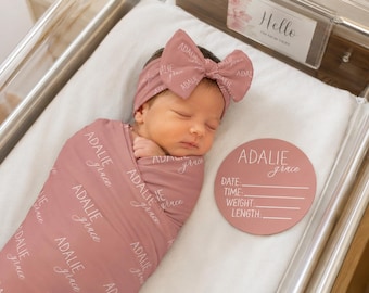 Personalized Swaddle Blanket, Optional Bundle, Newborn Coming Home Outfit Photo Props, Baby Name Announcement Sign, Baby Shower Gift JS53