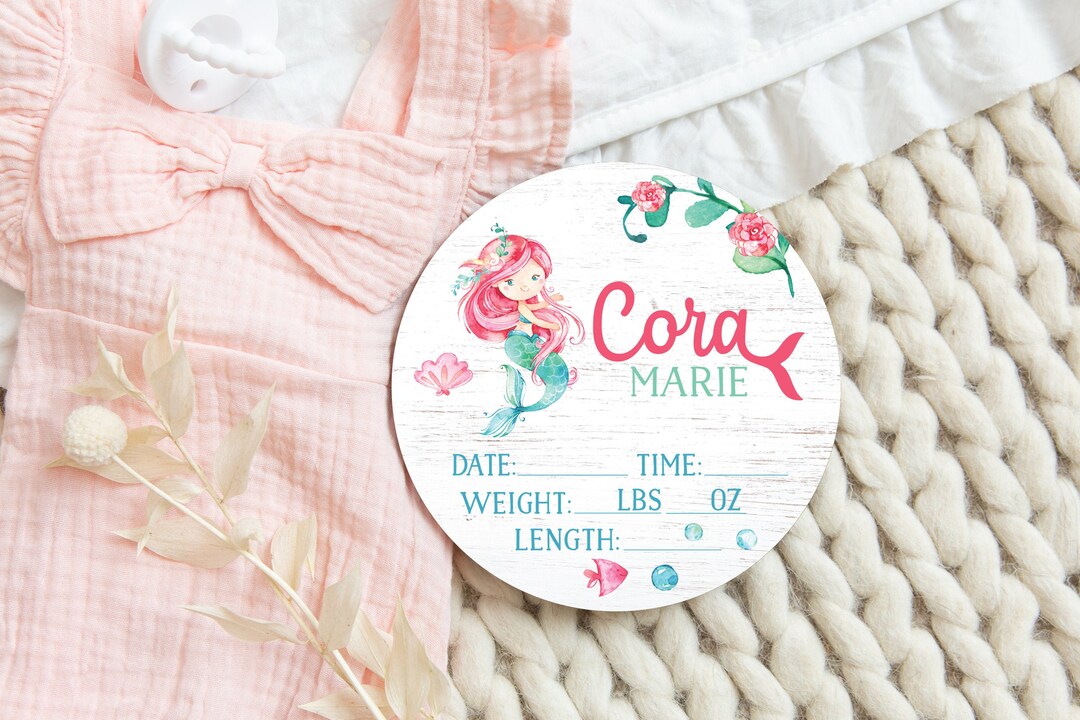 Mermaid Birth Stats Round Wood Baby Name Sign Wooden Personalized Baby ...