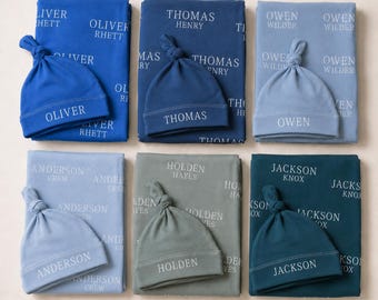 Personalized Baby Swaddle Set, Custom Newborn Blanket with Name Hat, Baby Coming Home Outfit, Optional Name Sign Add On JS54
