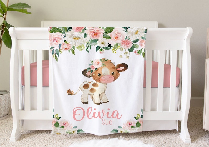 Cow Blanket, Personalized Baby Blanket Gift, Toddler Blanket, Farm Animal Nursery Decor, Toddler Birthday Gift, Cow Theme Blanket image 1
