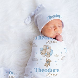 Personalisierte Bär Baby Name Swaddle Set, Baby Bär Geschenk, Custom nach Hause kommen, Geschlecht Neutral Krankenhausdecke, Babypartygeschenk, JS39