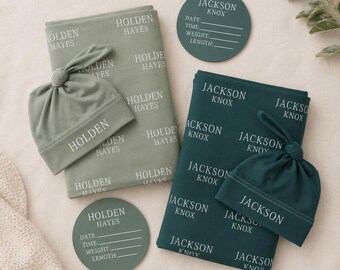 Personalized Baby Swaddle Set, Custom Newborn Blanket with Name Hat, Baby Coming Home Outfit, Optional Name Sign Add On JS54