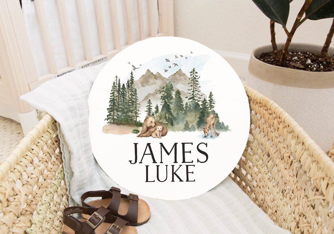 Woodland Baby Name Sign Round Wooden Personalized Baby Name Newborn Announcement Custom Rustic