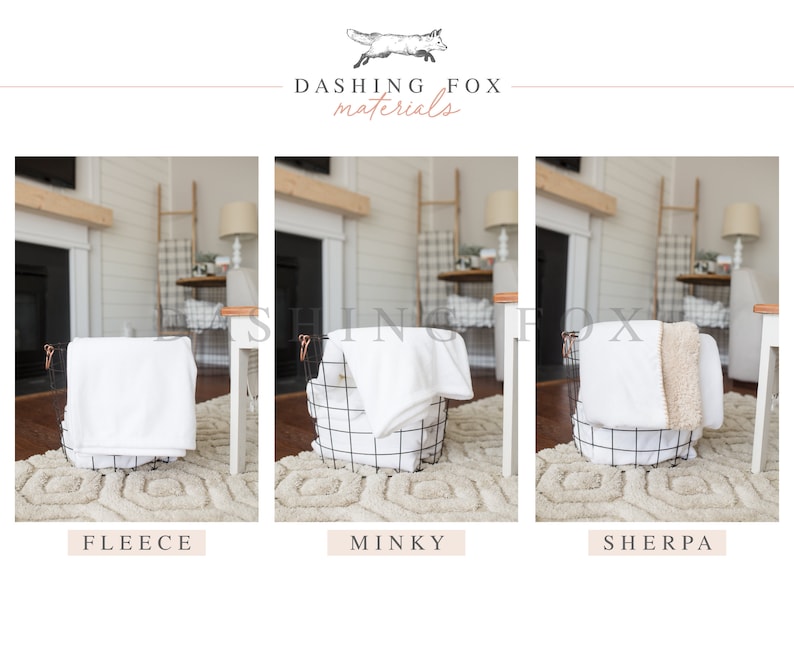 May include: Three white blankets in wire baskets, labeled "Fleece", "Minky", and "Sherpa".  The blankets are folded and displayed in a cozy living room setting.