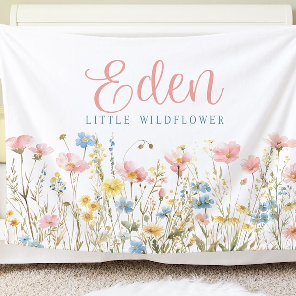 Wildflower Baby Blanket, Wildflower Baby Shower Gift, Wildflower Nursery Decor,  Personalized Wildflower Baby Blanket, BB55