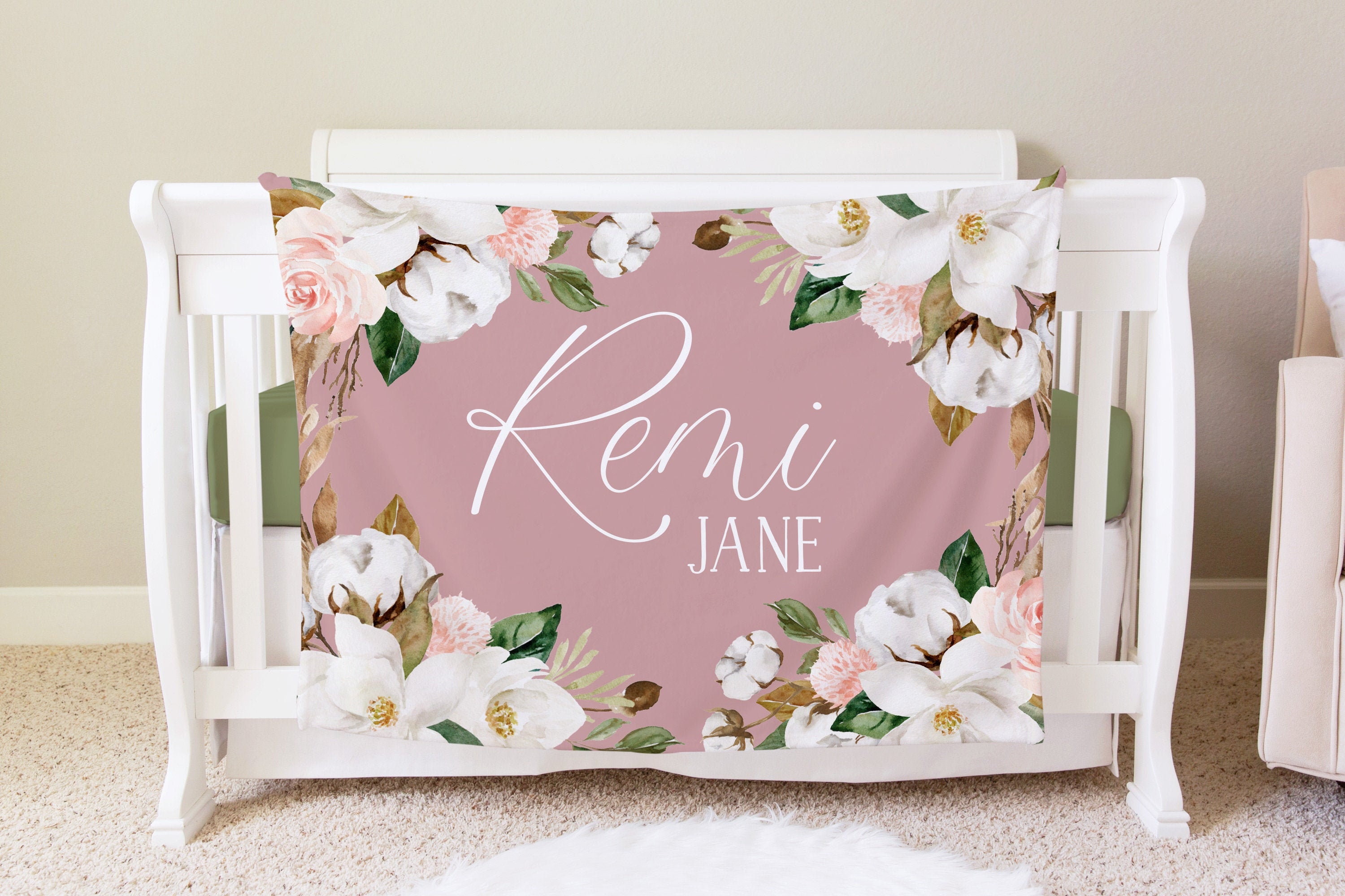 Magnolia Personalized Baby Blanket, Custom Baby Blanket, Baby Shower Gift, Nursery Blanket, Crib Blanket, Toddler Magnolia Blanket