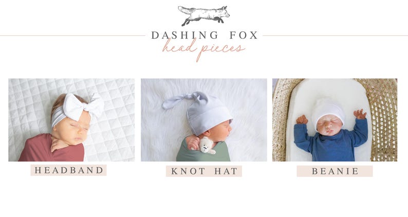 Puede incluir: Imagen que muestra tres opciones de sombreros para beb&eacute;s: una diadema con lazo, un gorro anudado y un gorro. El texto "Dashing Fox head pieces" est&aacute; en la parte superior. Cada art&iacute;culo se muestra en un beb&eacute;, con el nombre del art&iacute;culo debajo.