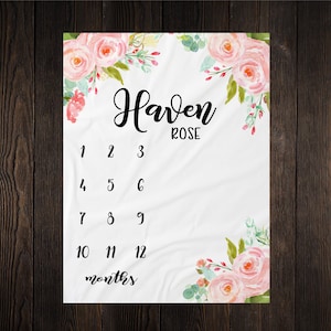 Baby Girl Milestone Blanket Month Growth Tracker Minky Fleece Blanket Custom Personalized Baby Shower Gift Watercolor Floral Newborn