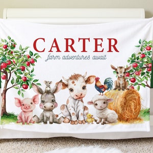 Farm Animal Blanket, Personalized Baby Blanket Gift, Toddler Blanket, Farm Decor, Toddler Birthday Gift, Farm Theme Adventure Awaits BB38