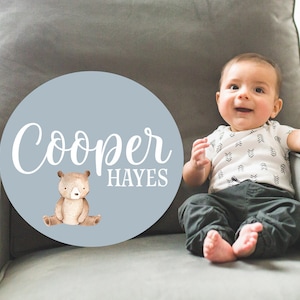 Baby Bear Round Wood Baby Name Sign Wooden Personalized Baby Name Newborn Announcement Custom Nursery Sign Decor