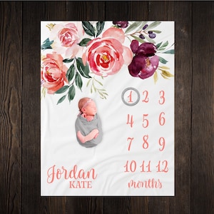 Burgundy and Coral Floral Milestone Blanket, Baby Month Blanket, Baby Girl Milestone Blanket Track Growth Keepsake Baby Shower Gift