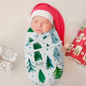 Christmas Swaddle Blanket, Baby First Christmas, Baby Christmas Personalized Name Blanket, Birth Announcement Blanket, Christmas Photo Prop image 1