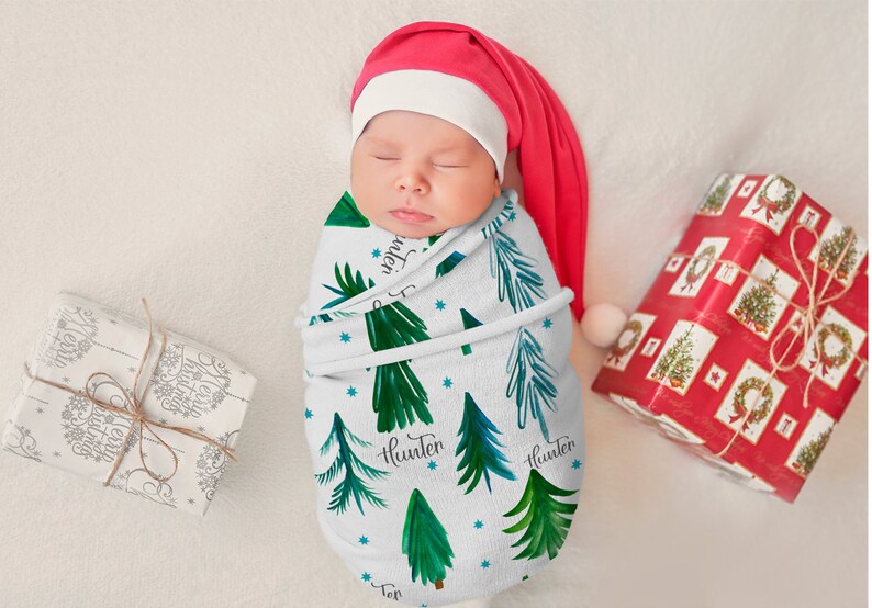 Christmas Swaddle Blanket, Baby First Christmas, Baby Christmas Personalized Name Blanket, Birth Announcement Blanket, Christmas Photo Prop image 1