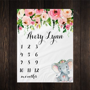 Girl Milestone Blanket Month Growth Tracker Minky Fleece Blanket Custom Personalized Baby Shower Gift Watercolor Floral Elephant Safari