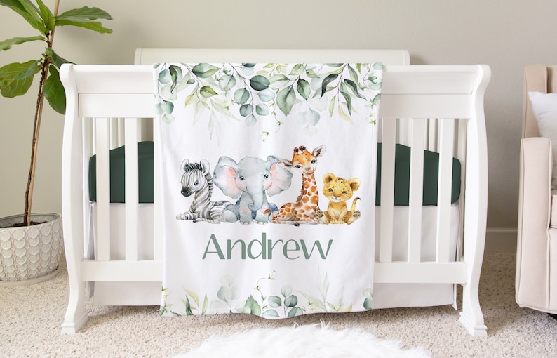 Safari Personalized Baby Name Blanket Personalized Jungle Baby Gift Custom Coming Home Elephant Hospital Blanket Baby Shower New Mom Gift image 1